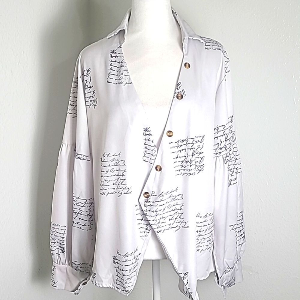 White Cardigan Longsleeve Blouse with Script Lettering, Button Accents, Size XL